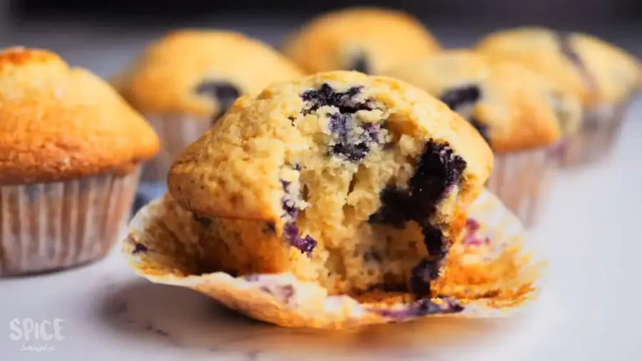 Blueberry Muffins on a serving counter