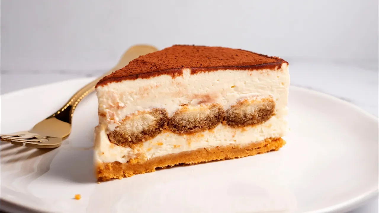 No-Bake Tiramisu Cheesecake piece on a serving plate