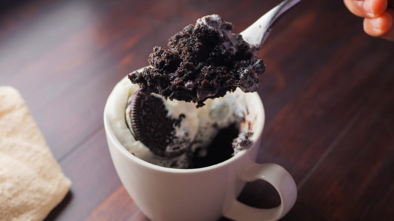 Oreo Mug Cake in a spoon