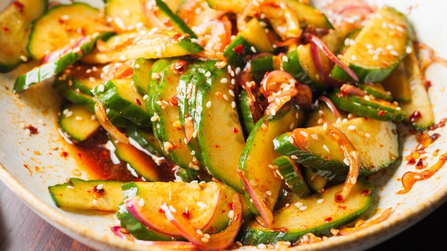 spicy cucumber salad in a bowl