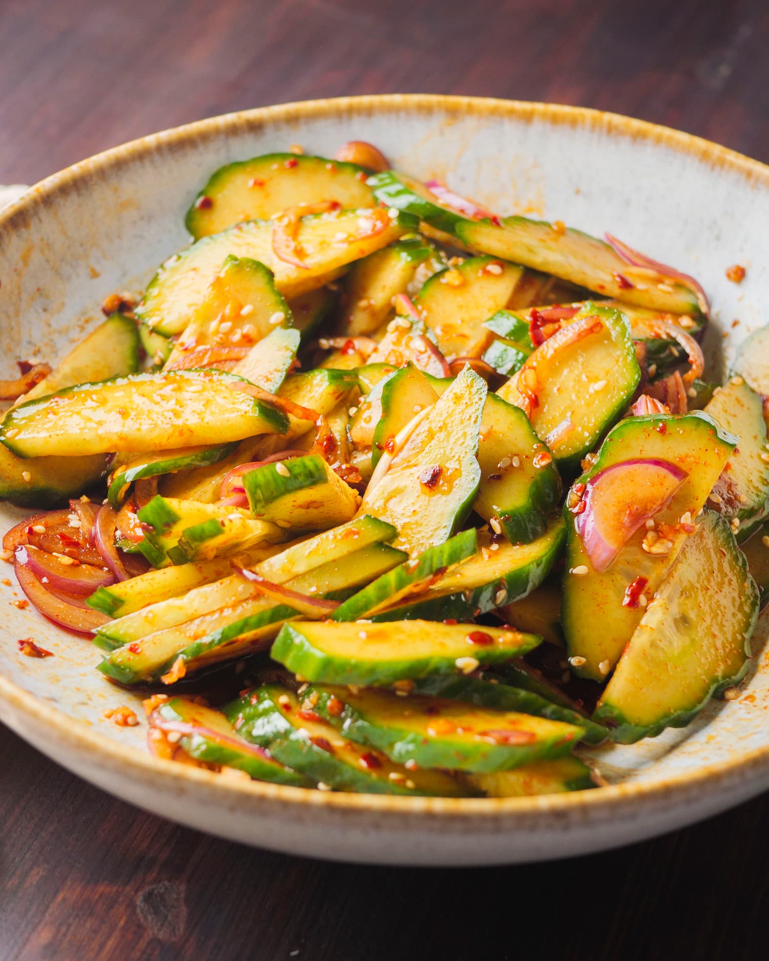 spicy cucumber salad in a bowl