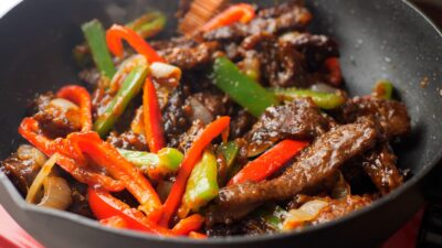 Beef Pepper Steak in a pan