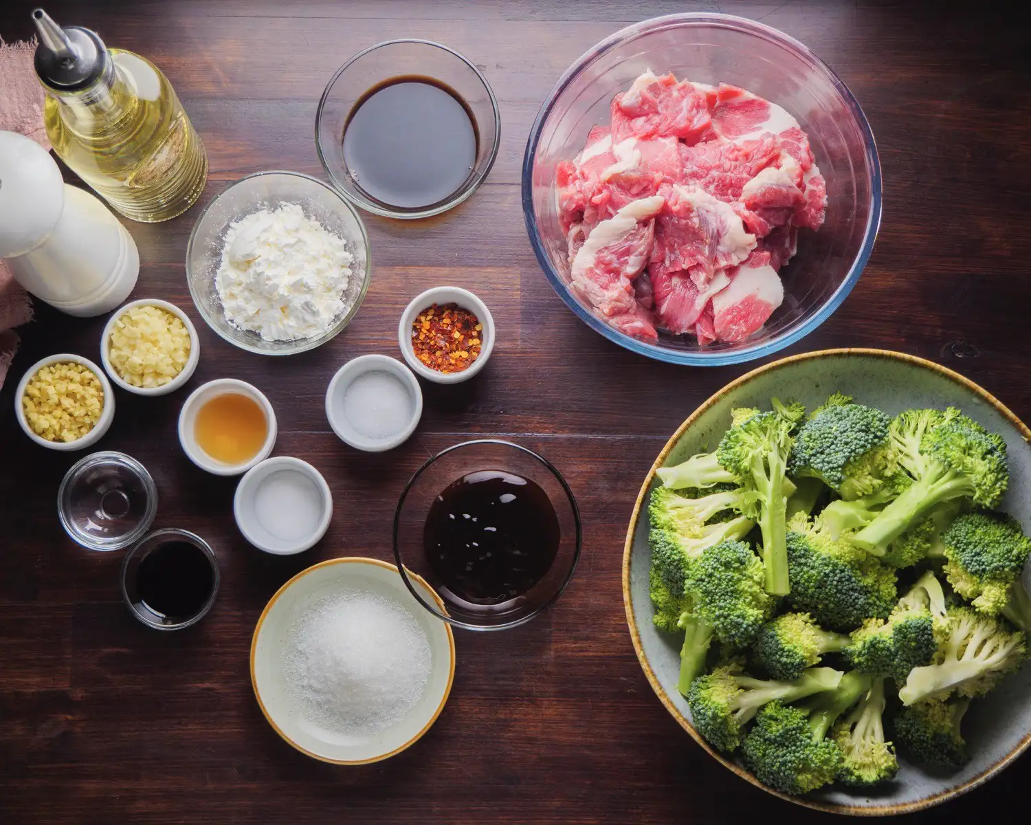 Beef and Broccoli Stir Fry Ingredients on a board