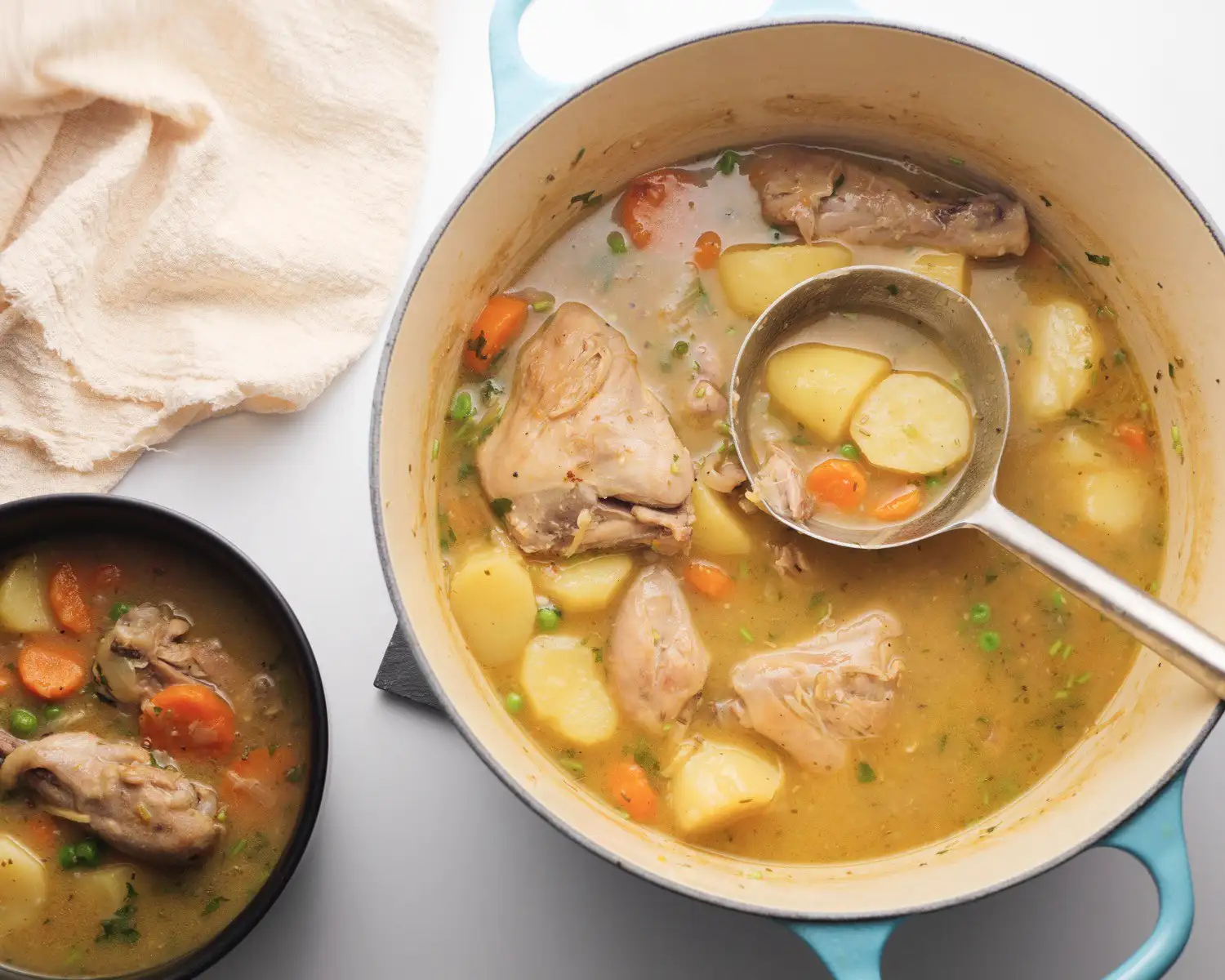 Chicken Stew Recipe in a Dutch oven and serving bowl