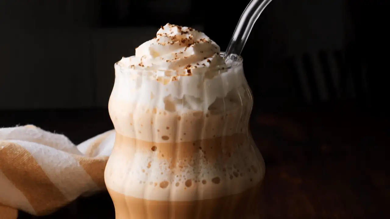 Coffee Frappuccino in a glass with a straw