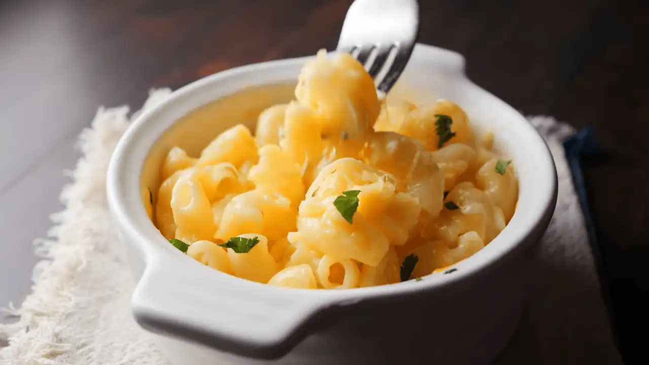 Microwave Mac and Cheese on a small bowl with a fork