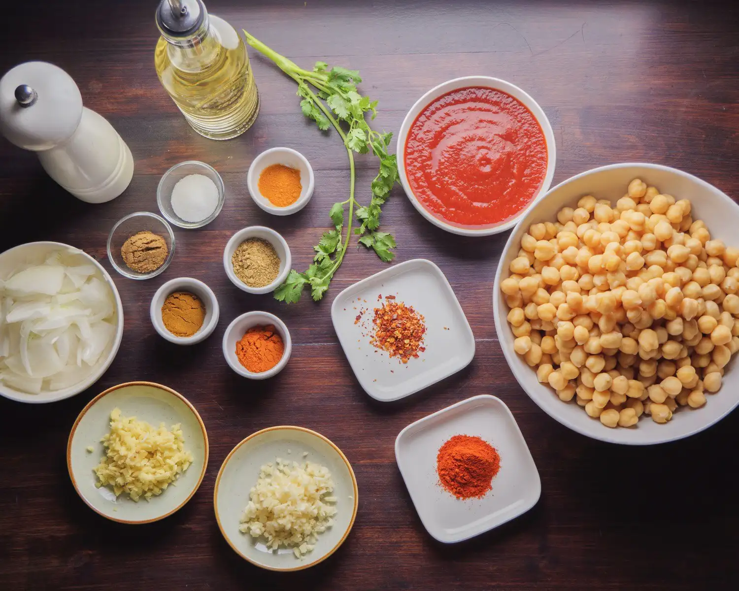 Spicy Chickpea Curry Recipe Ingredients on a board