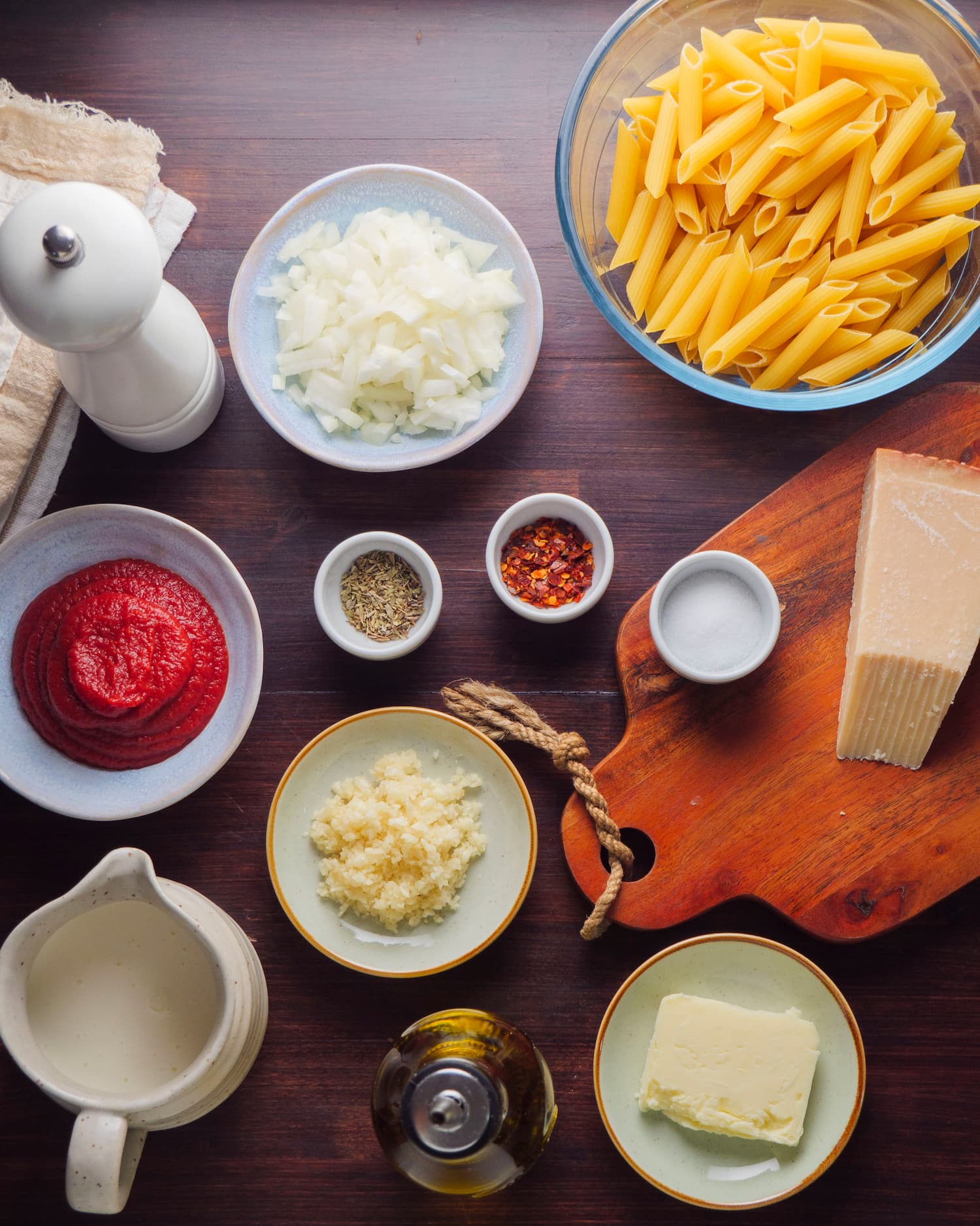 Spicy Pasta Recipe Ingredients on a surface