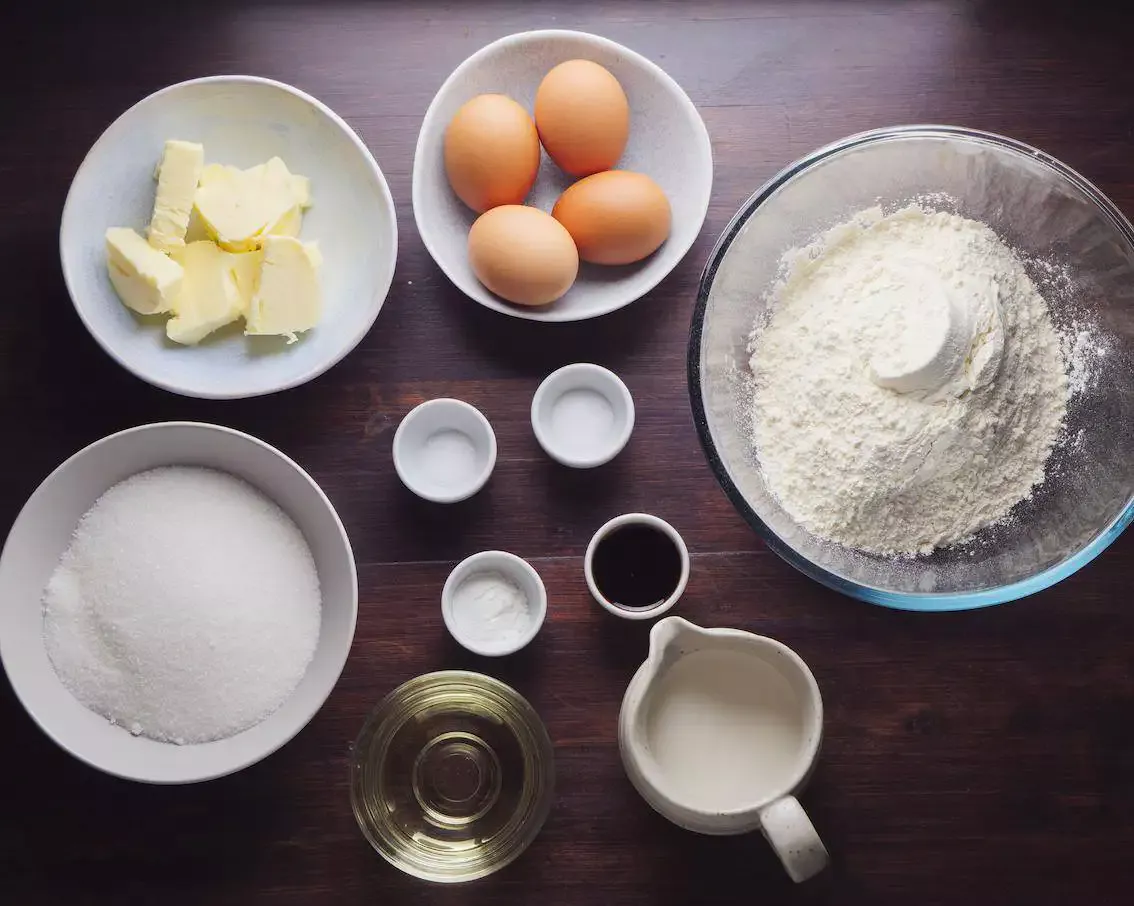 8 Inch Cake Recipe Ingredients on a surface