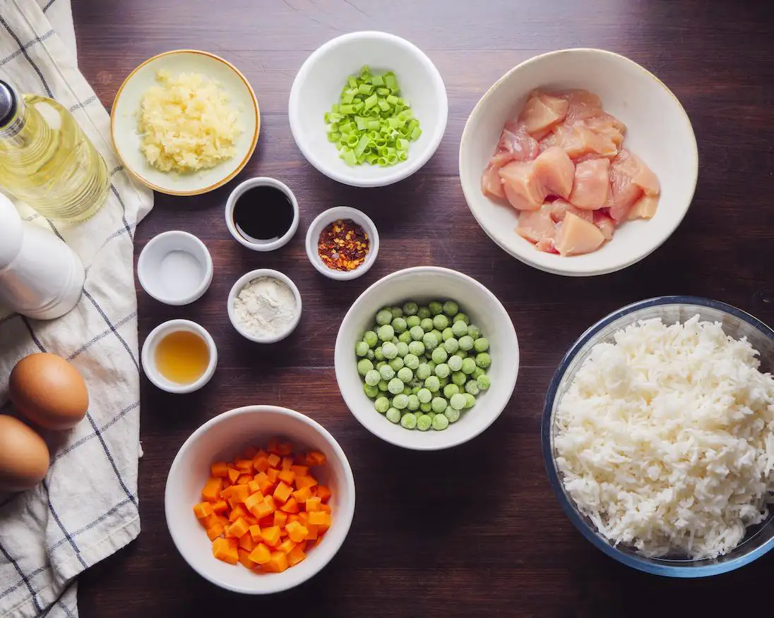 Garlic Chicken Fried Rice Ingredients on a surface