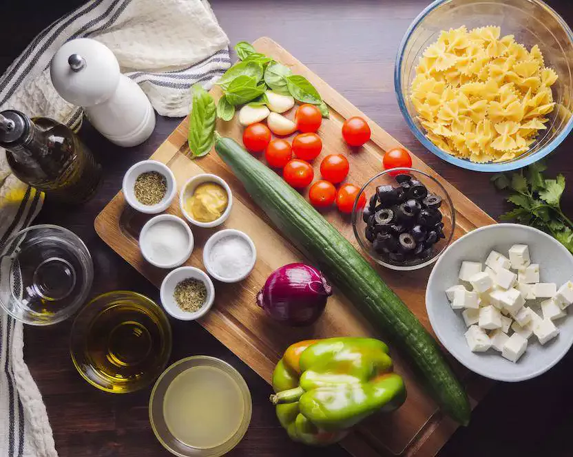 Pasta Salad Recipe Ingredients on a surface