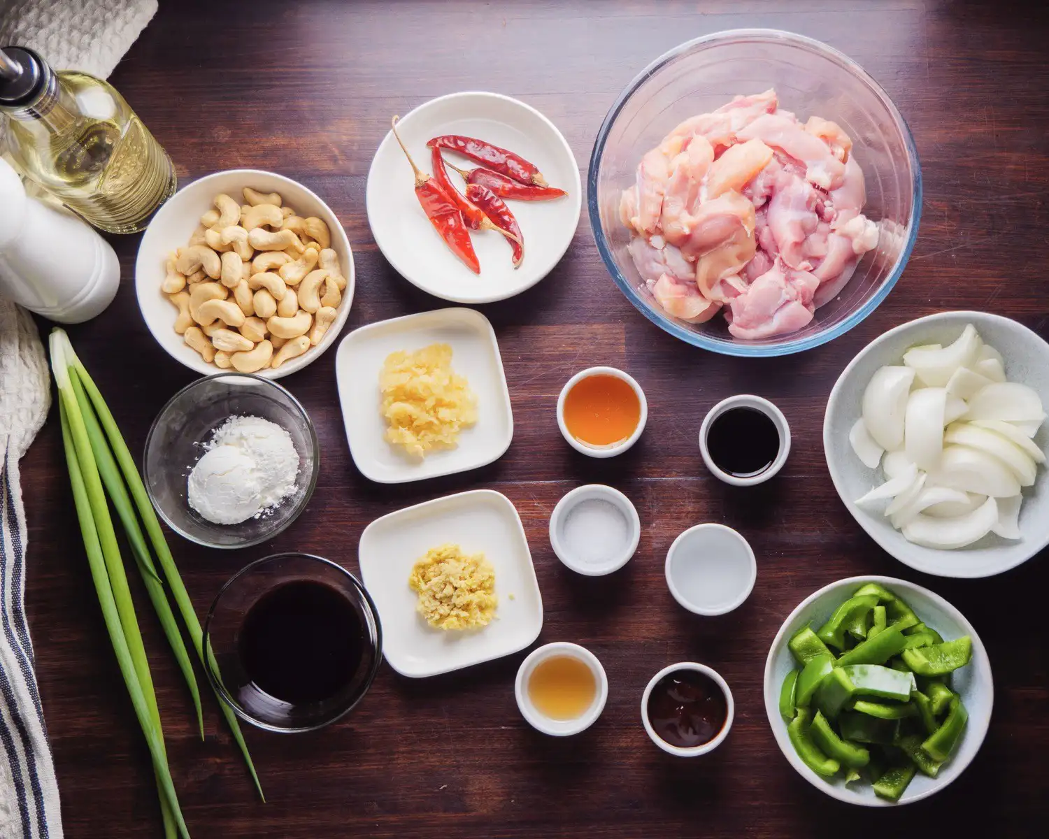 Thai Cashew Chicken Recipe Ingredients on a board