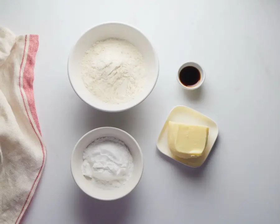 4 Ingredients Butter Cookies Ingredients on kitchen surface