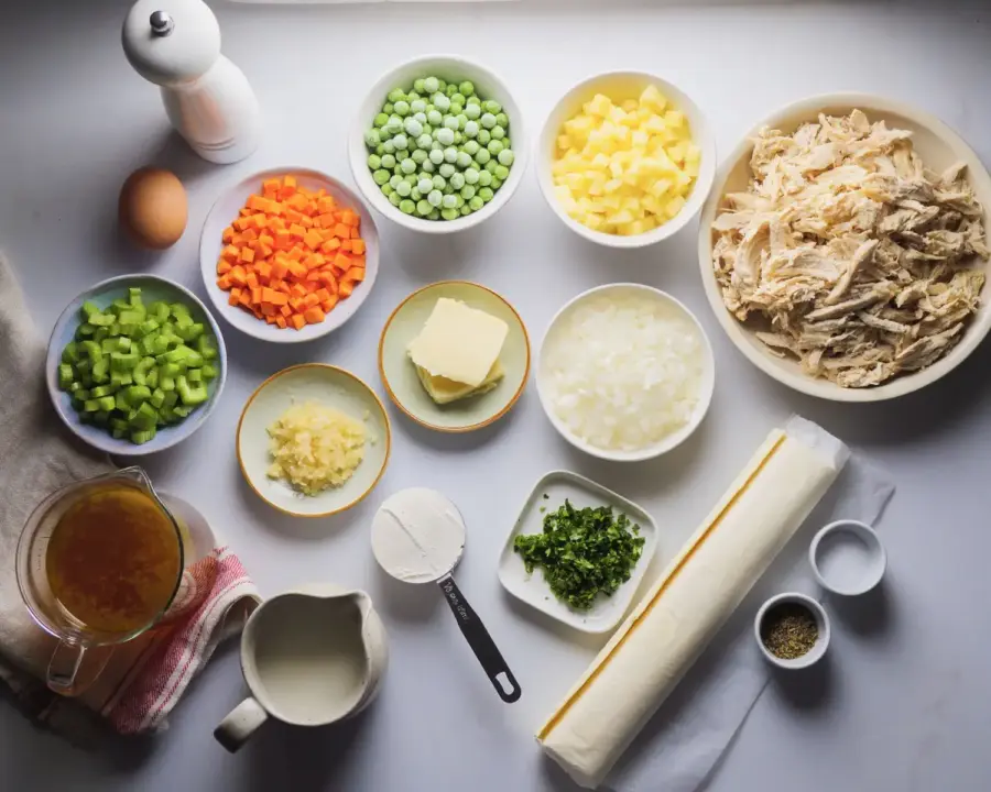 Chicken Pot Pie Recipe Ingredients on a kitchen surface