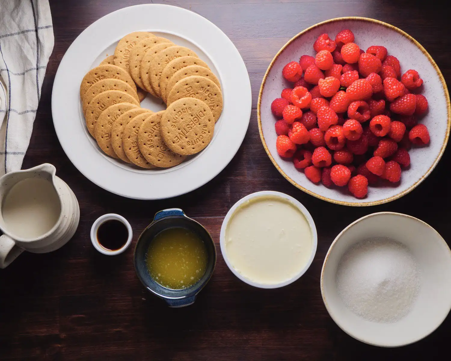 Raspberry Tart Recipe Ingredients Are Organized On A Table