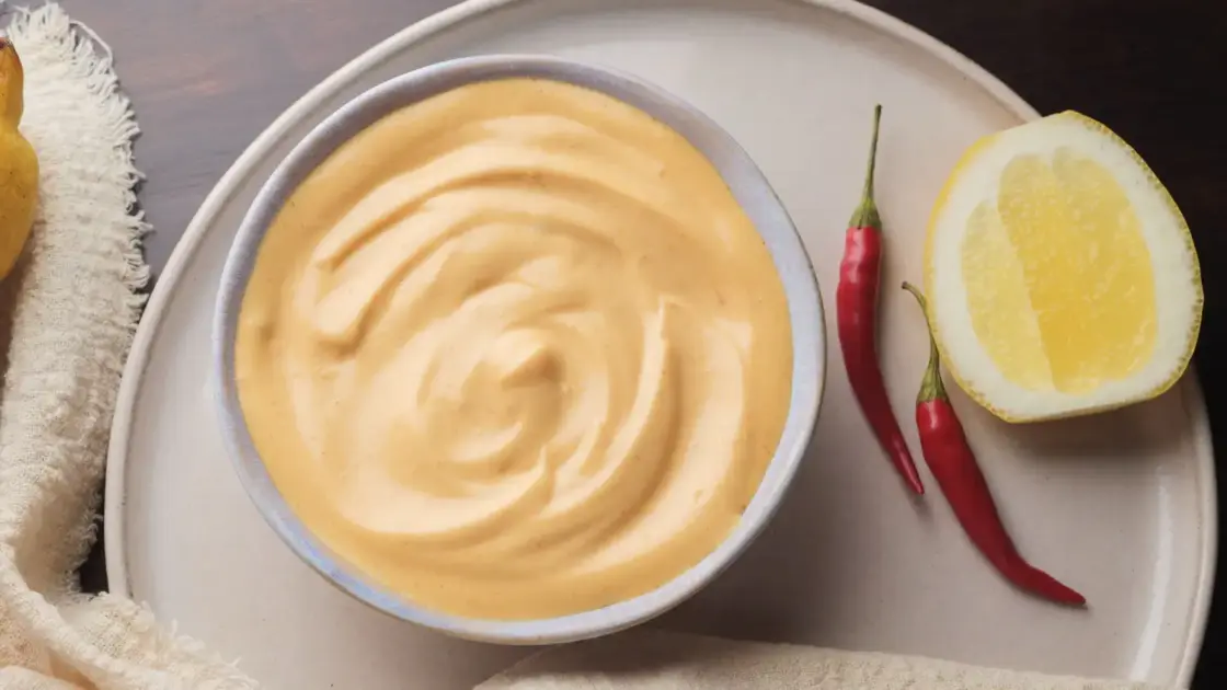 Spicy mayo sauce recipe on a serving bowl with some chili and lemon pieces