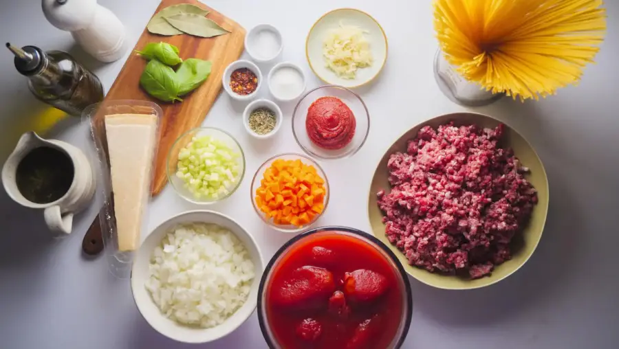 Spaghetti Bolognese Recipe Ingredients on a kitchen counter