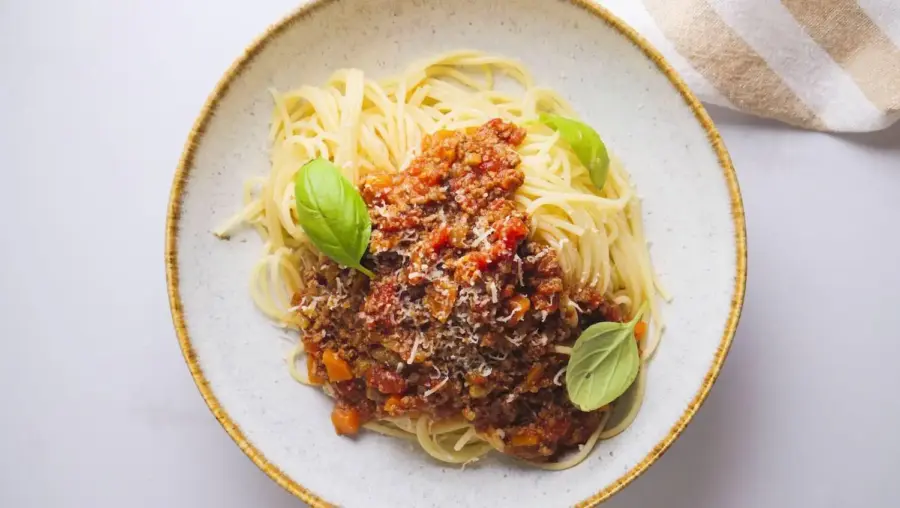 Spaghetti Bolognese Recipe on a serving bowl
