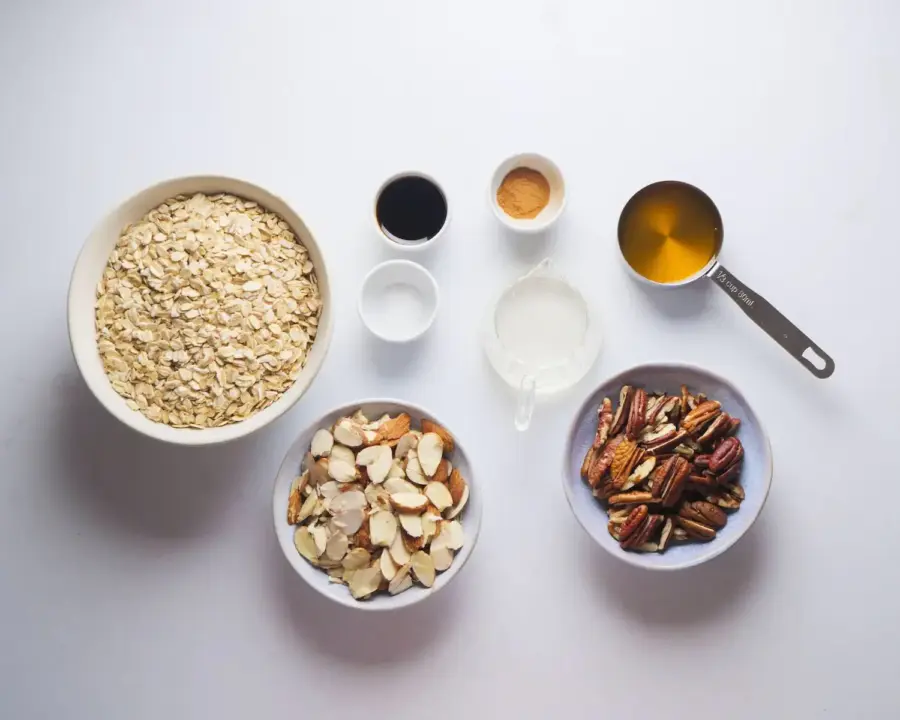 Vanilla Almond Granola Ingredients on a kitchen surface