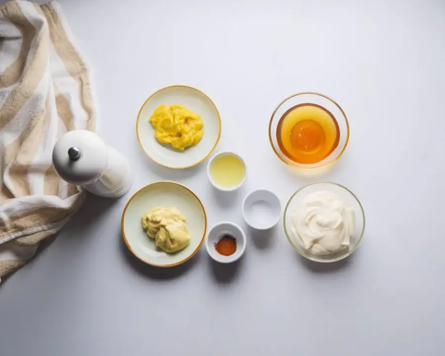 Honey Mustard Sauce Recipe Ingredients on a kitchen countertop