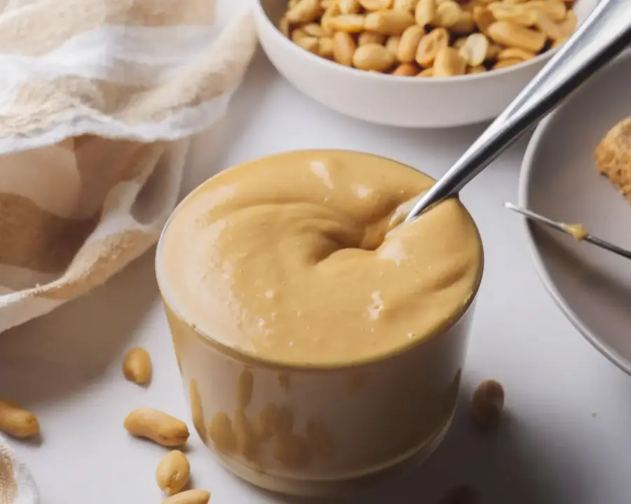 Honey Roasted Peanut Butter in a glass jar with a spoon