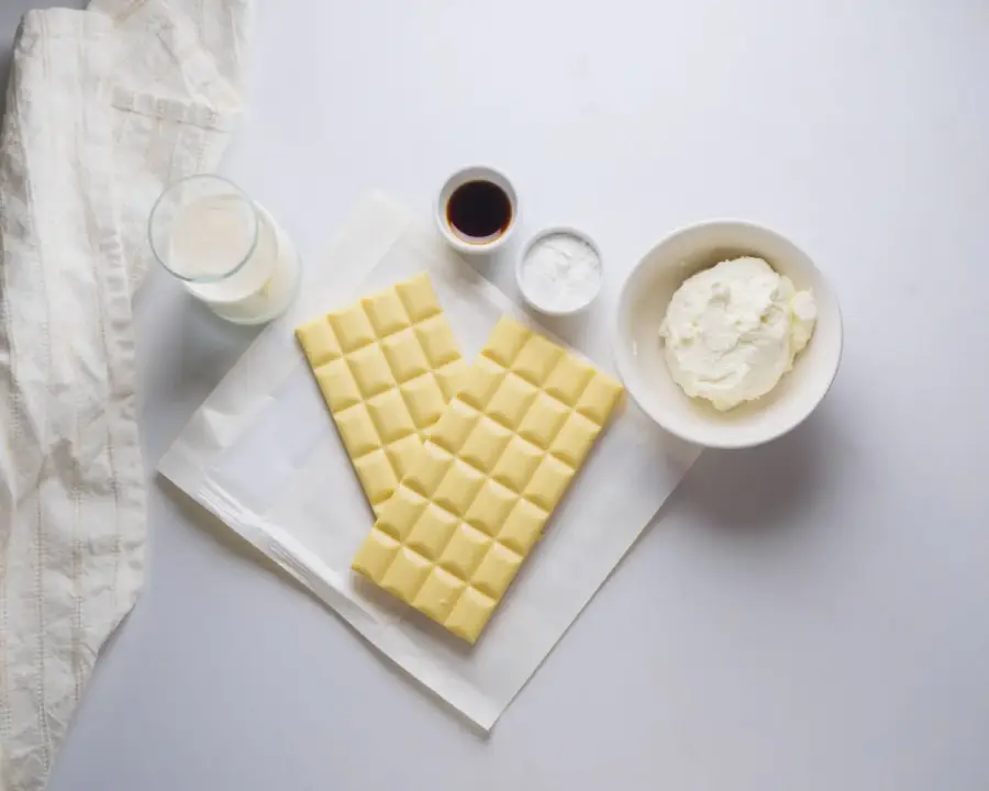 White Chocolate Mousse Recipe Ingredients on a kitchen counter top