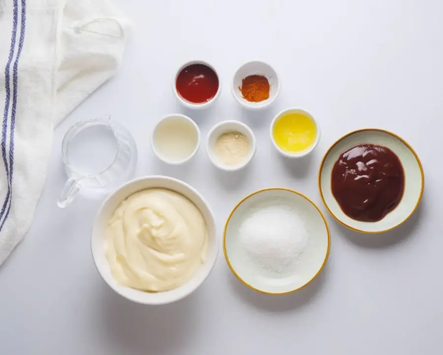 Yum Yum Sauce Recipe Ingredients on a kitchen surface