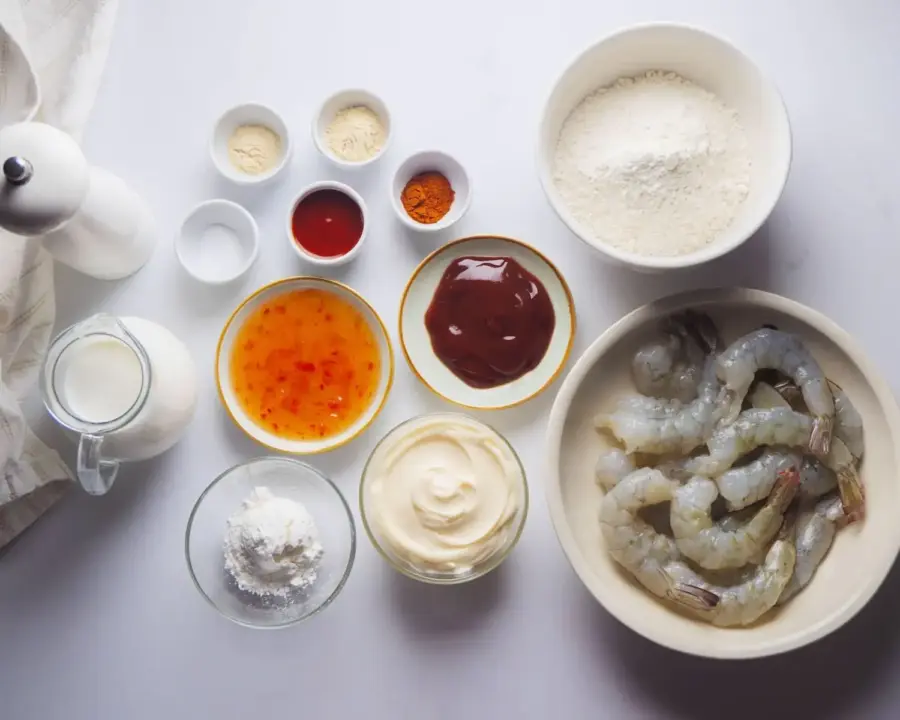 Boom Boom Shrimp Recipe Ingredients on a kitchen countertop