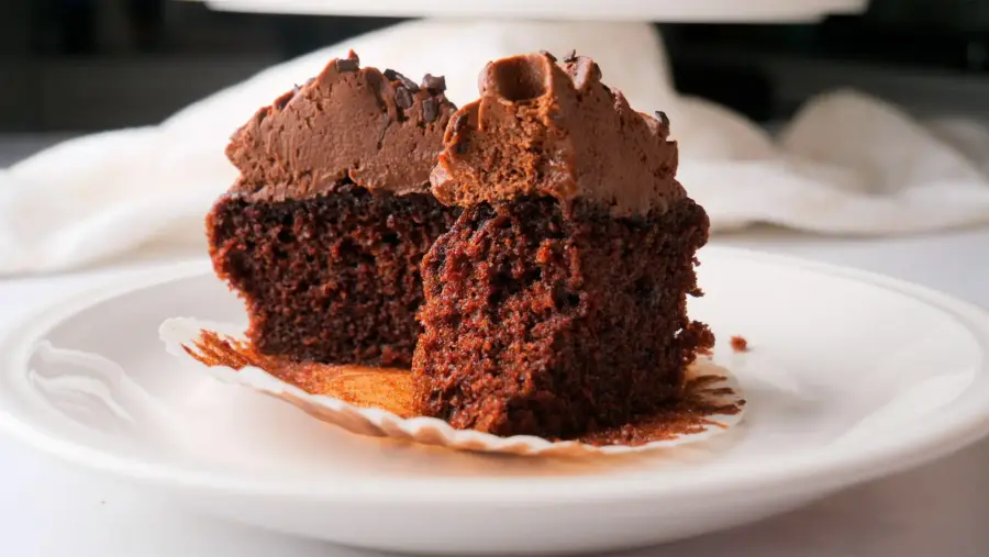 Chocolate Cupcake on a serving plate divided into half