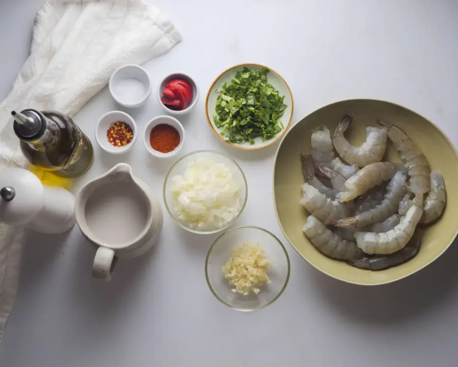 Creamy Coconut Shrimp Recipe Ingredients on a kitchen countertop