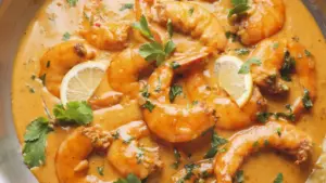 Creamy Coconut Shrimp Recipe in a skillet