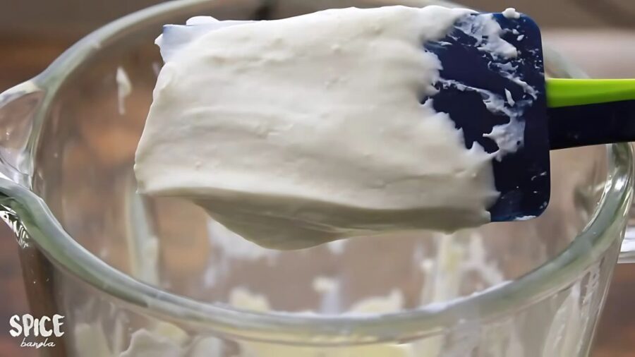 Homemade Cream Cheese in a blender with a spatula